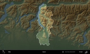 - Lecco. İtalya 'nın idari alanı koyu renkli bir yükseklik haritasına vurgulandı ve özetlendi