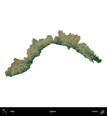 Liguria. İtalya 'nın idari bölgesi renkli bir yükseklik haritasında beyaza izole edilmiş