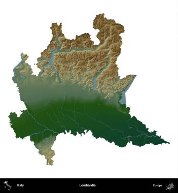 Lombardia 'da. İtalya 'nın idari bölgesi renkli bir yükseklik haritasında beyaza izole edilmiş