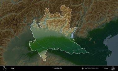 Lombardia 'da. İtalya 'nın idari alanı koyu renkli bir yükseklik haritasına vurgulandı ve özetlendi