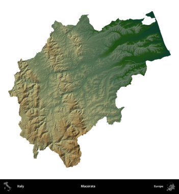 Macerata. İtalya 'nın idari bölgesi renkli bir yükseklik haritasında beyaza izole edilmiş