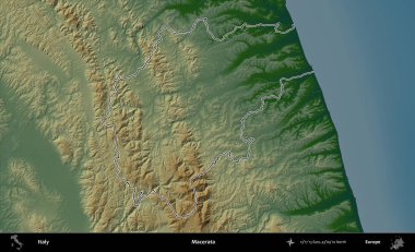 Macerata. İtalya 'nın idari bölgesi renkli bir yükseklik haritasında özetlendi