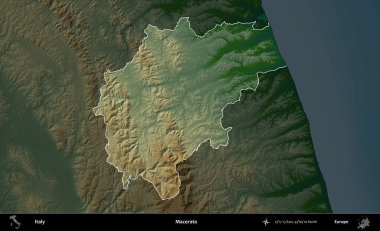Macerata. İtalya 'nın idari alanı koyu renkli bir yükseklik haritasına vurgulandı ve özetlendi