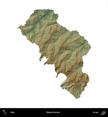 Sahip-Carrara. İtalya 'nın idari bölgesi renkli bir yükseklik haritasında beyaza izole edilmiş