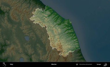 Marş. İtalya 'nın idari alanı koyu renkli bir yükseklik haritasına vurgulandı ve özetlendi