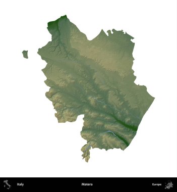 Matera. İtalya 'nın idari bölgesi renkli bir yükseklik haritasında beyaza izole edilmiş
