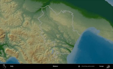 Matera. İtalya 'nın idari bölgesi renkli bir yükseklik haritasında özetlendi