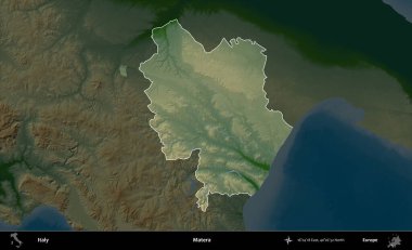 Matera. İtalya 'nın idari alanı koyu renkli bir yükseklik haritasına vurgulandı ve özetlendi