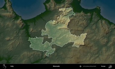 Tek gerçek. İtalya 'nın idari alanı koyu renkli bir yükseklik haritasına vurgulandı ve özetlendi
