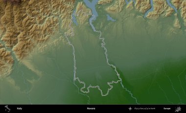 Novara. İtalya 'nın idari bölgesi renkli bir yükseklik haritasında özetlendi