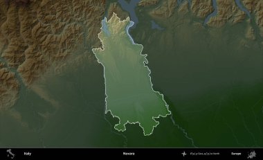 Novara. İtalya 'nın idari alanı koyu renkli bir yükseklik haritasına vurgulandı ve özetlendi