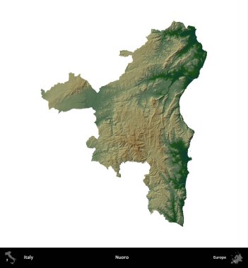 Nuoro. İtalya 'nın idari bölgesi renkli bir yükseklik haritasında beyaza izole edilmiş