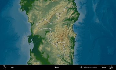 Nuoro. İtalya 'nın idari bölgesi renkli bir yükseklik haritasında özetlendi