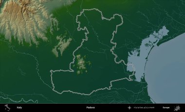 Padova. İtalya 'nın idari bölgesi renkli bir yükseklik haritasında özetlendi