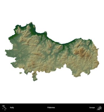 Palermo. İtalya 'nın idari bölgesi renkli bir yükseklik haritasında beyaza izole edilmiş