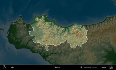 Palermo. İtalya 'nın idari alanı koyu renkli bir yükseklik haritasına vurgulandı ve özetlendi