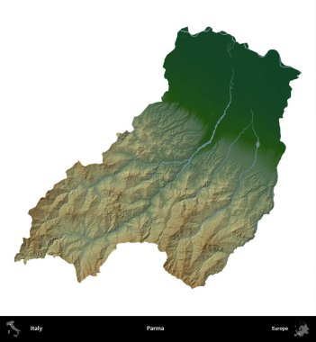 Parma. İtalya 'nın idari bölgesi renkli bir yükseklik haritasında beyaza izole edilmiş