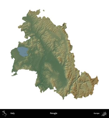 Perugia. İtalya 'nın idari bölgesi renkli bir yükseklik haritasında beyaza izole edilmiş