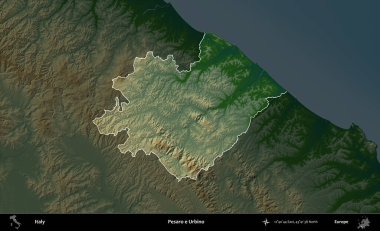 Pesaro ve Urbino. İtalya 'nın idari alanı koyu renkli bir yükseklik haritasına vurgulandı ve özetlendi