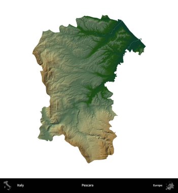 Pescara 'da. İtalya 'nın idari bölgesi renkli bir yükseklik haritasında beyaza izole edilmiş