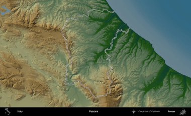 Pescara 'da. İtalya 'nın idari bölgesi renkli bir yükseklik haritasında özetlendi