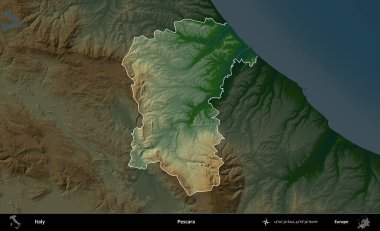 Pescara 'da. İtalya 'nın idari alanı koyu renkli bir yükseklik haritasına vurgulandı ve özetlendi