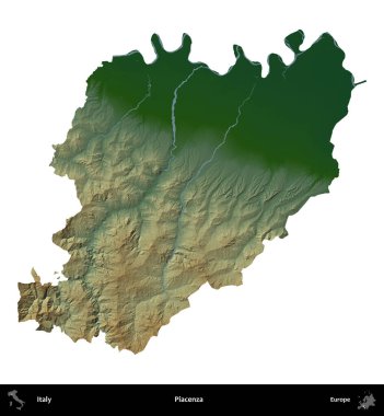 Piacenza 'da. İtalya 'nın idari bölgesi renkli bir yükseklik haritasında beyaza izole edilmiş