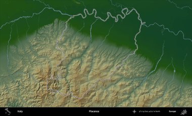 Piacenza 'da. İtalya 'nın idari bölgesi renkli bir yükseklik haritasında özetlendi