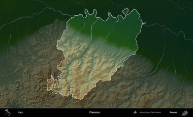 Piacenza 'da. İtalya 'nın idari alanı koyu renkli bir yükseklik haritasına vurgulandı ve özetlendi