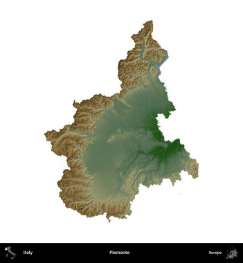 Piemonte. İtalya 'nın idari bölgesi renkli bir yükseklik haritasında beyaza izole edilmiş