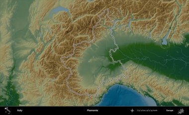 Piemonte. İtalya 'nın idari bölgesi renkli bir yükseklik haritasında özetlendi