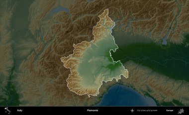 Piemonte. İtalya 'nın idari alanı koyu renkli bir yükseklik haritasına vurgulandı ve özetlendi
