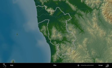 Pisa. İtalya 'nın idari bölgesi renkli bir yükseklik haritasında özetlendi