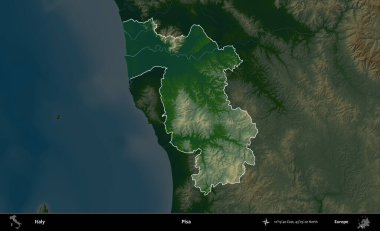 Pisa. İtalya 'nın idari alanı koyu renkli bir yükseklik haritasına vurgulandı ve özetlendi