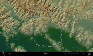 Pistoia 'da. İtalya 'nın idari bölgesi renkli bir yükseklik haritasında özetlendi