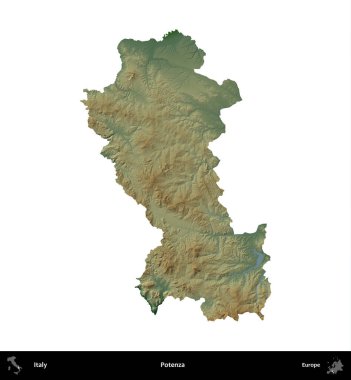 Potenza. İtalya 'nın idari bölgesi renkli bir yükseklik haritasında beyaza izole edilmiş