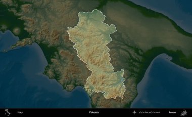 Potenza. İtalya 'nın idari alanı koyu renkli bir yükseklik haritasına vurgulandı ve özetlendi