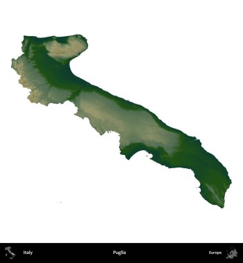 Puglia. İtalya 'nın idari bölgesi renkli bir yükseklik haritasında beyaza izole edilmiş