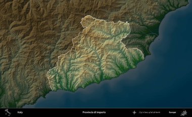 Provincia di Imperia. İtalya 'nın idari alanı koyu renkli bir yükseklik haritasına vurgulandı ve özetlendi