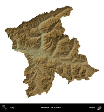 Pustertal - Val Pusteria. İtalya 'nın idari bölgesi renkli bir yükseklik haritasında beyaza izole edilmiş