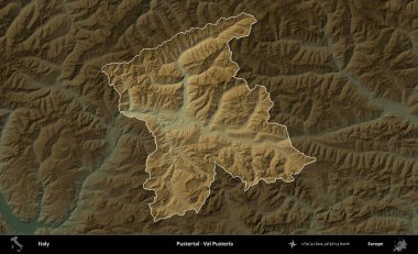 Pustertal - Val Pusteria. İtalya 'nın idari alanı koyu renkli bir yükseklik haritasına vurgulandı ve özetlendi