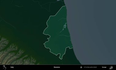 Ravenna. İtalya 'nın idari alanı koyu renkli bir yükseklik haritasına vurgulandı ve özetlendi