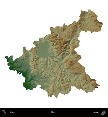 Rieti. İtalya 'nın idari bölgesi renkli bir yükseklik haritasında beyaza izole edilmiş