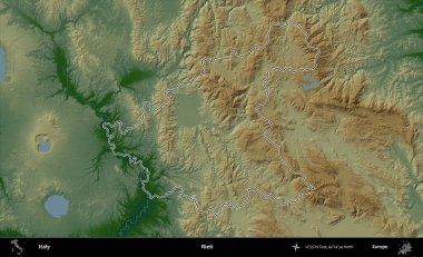 Rieti. İtalya 'nın idari bölgesi renkli bir yükseklik haritasında özetlendi