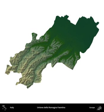 Unione della Romagna Faentina. İtalya 'nın idari bölgesi renkli bir yükseklik haritasında beyaza izole edilmiş