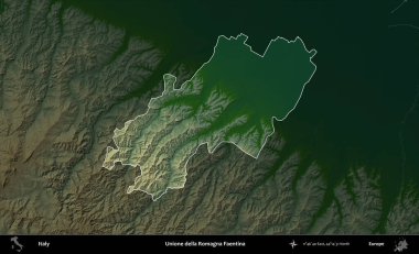 Unione della Romagna Faentina. İtalya 'nın idari alanı koyu renkli bir yükseklik haritasına vurgulandı ve özetlendi