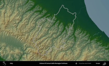 Unione di Comuni della Romagna Forlivese. İtalya 'nın idari bölgesi renkli bir yükseklik haritasında özetlendi