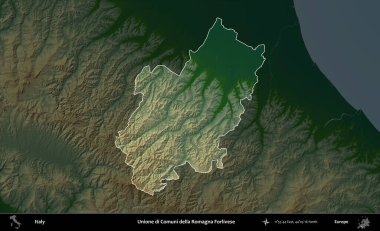 Unione di Comuni della Romagna Forlivese. İtalya 'nın idari alanı koyu renkli bir yükseklik haritasına vurgulandı ve özetlendi