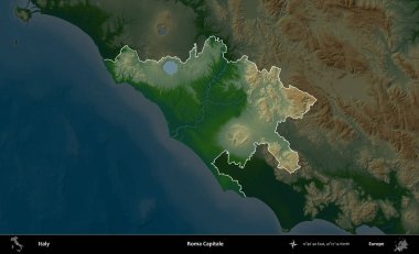 Roma Kaptanı. İtalya 'nın idari alanı koyu renkli bir yükseklik haritasına vurgulandı ve özetlendi