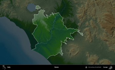 Roma. İtalya 'nın idari alanı koyu renkli bir yükseklik haritasına vurgulandı ve özetlendi
